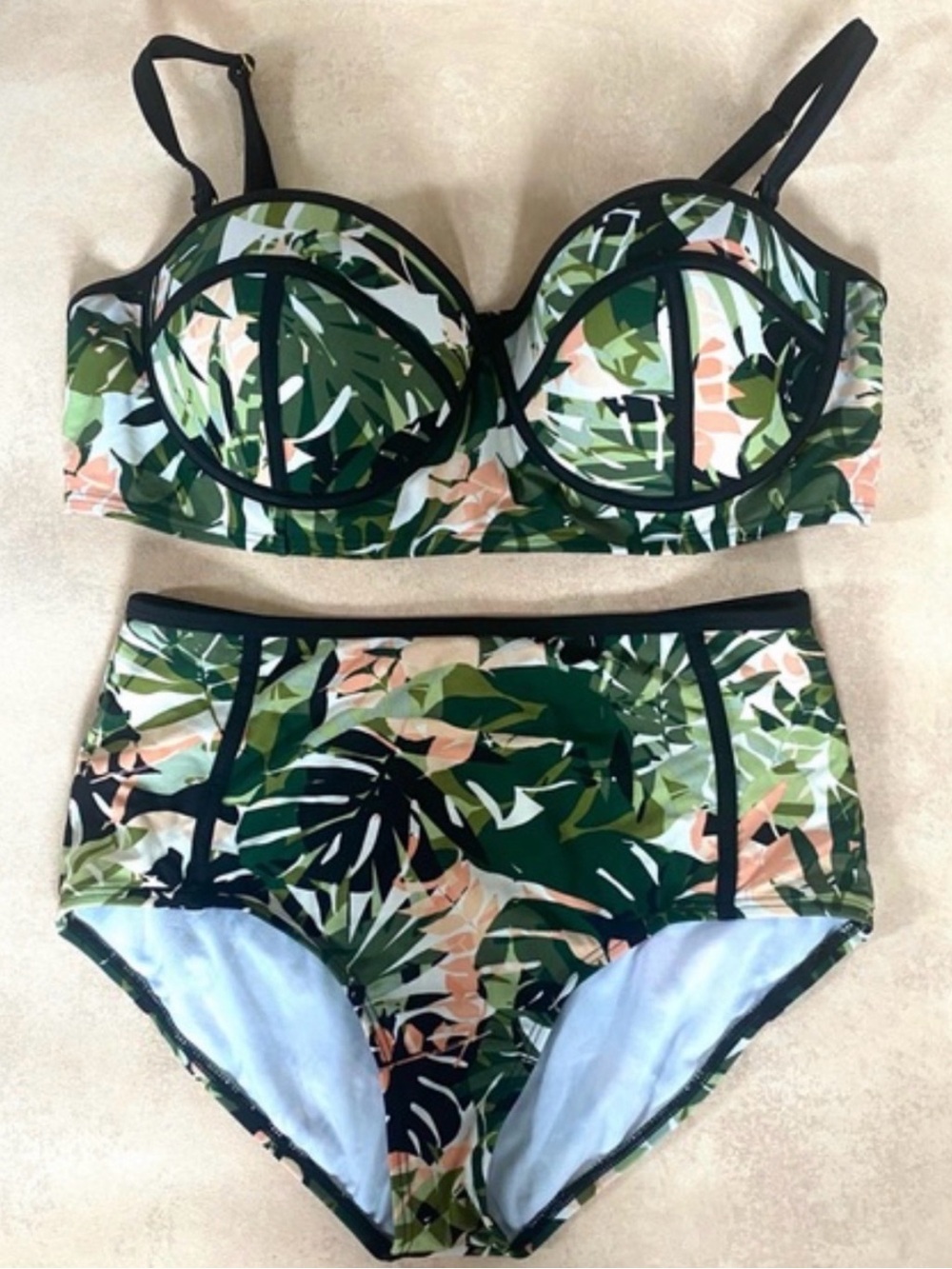 Tropical Leaf High-Waist Bikini Set - Green